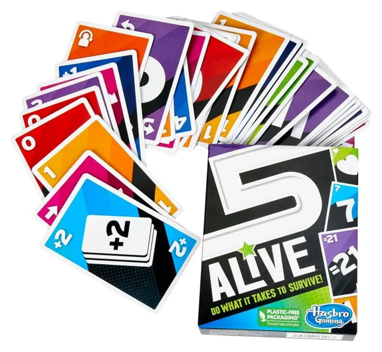 A fan of 5 Alive cards, including number, =21 and Draw 2 cards, beside the box