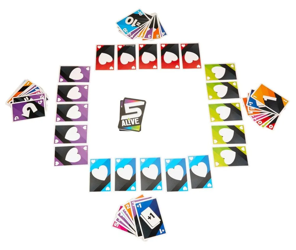 A table set for four: each player's row of five Alive cards, with hands of cards and the draw pile in the middle