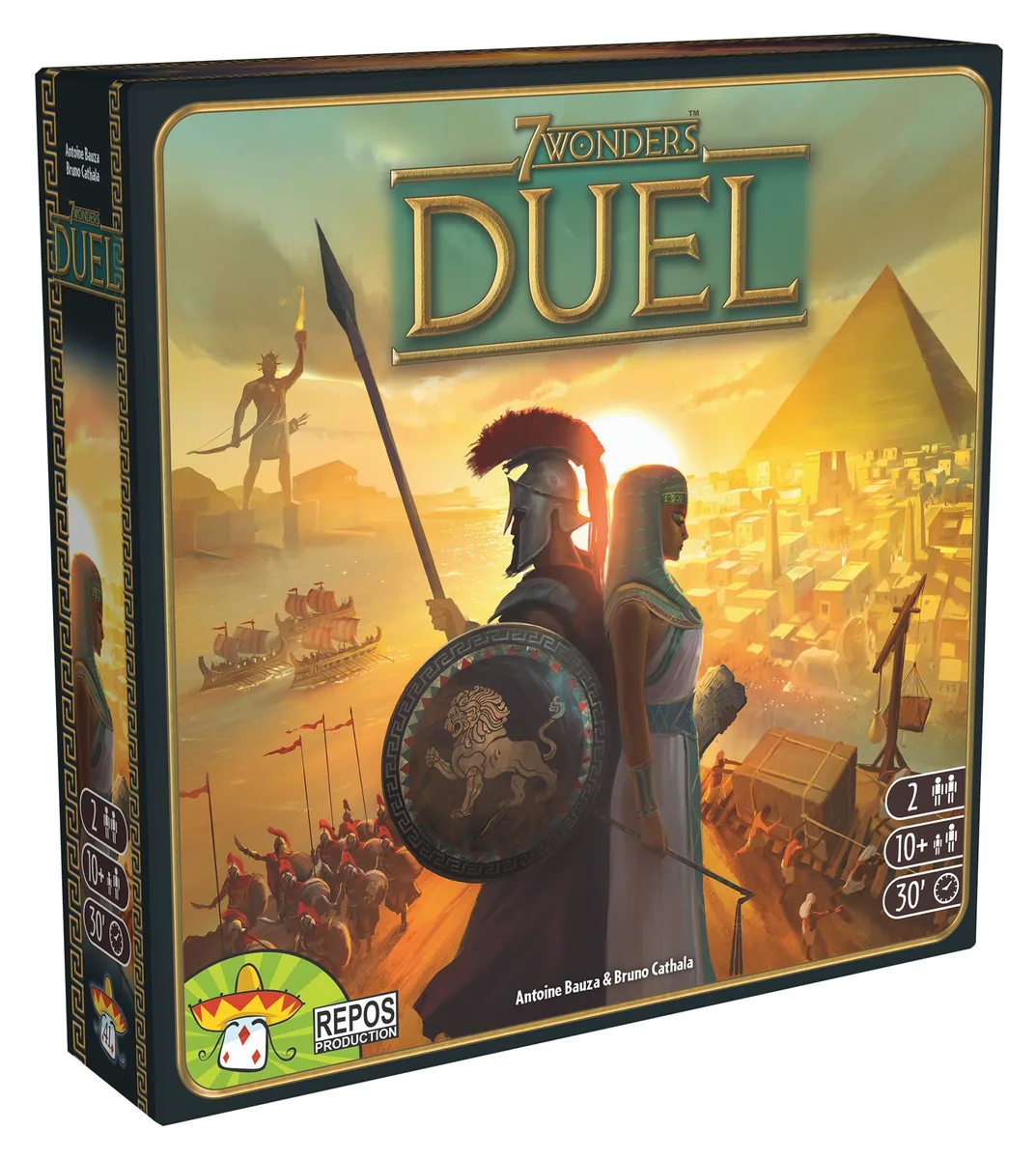 The 7 Wonders Duel box: two warriors before a pyramid and a city