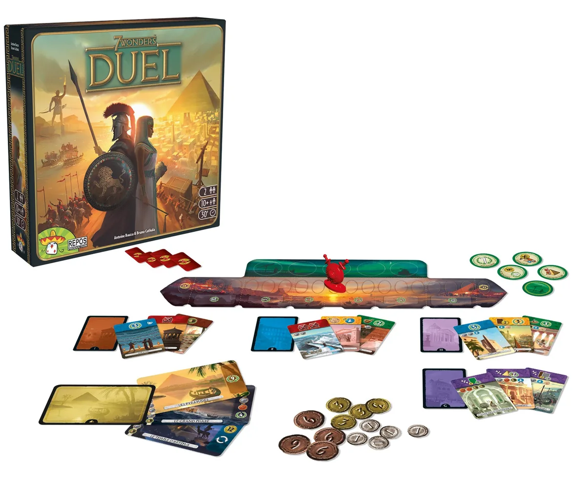 The 7 Wonders Duel box beside its board, cards, coins and progress tokens