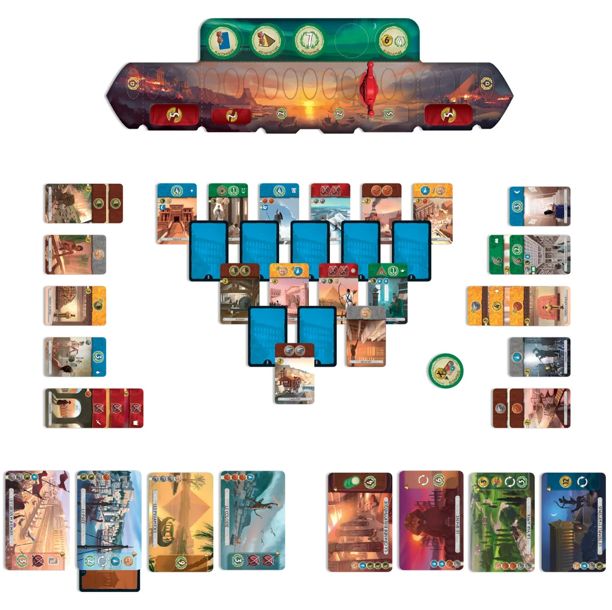 The Age card layout of 7 Wonders Duel below the military board, with each player's cards to the sides