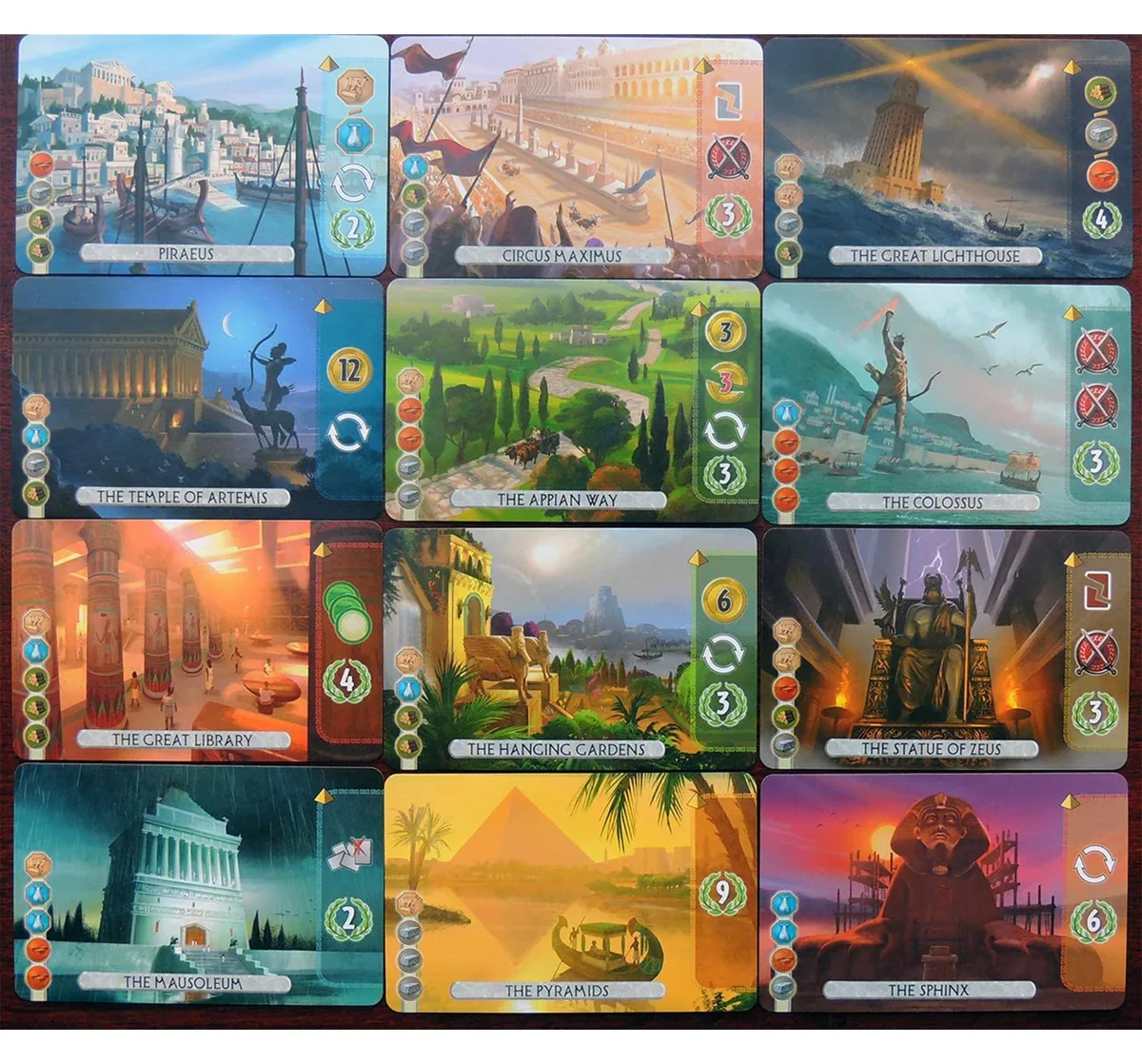 Twelve Wonder cards laid out in a grid