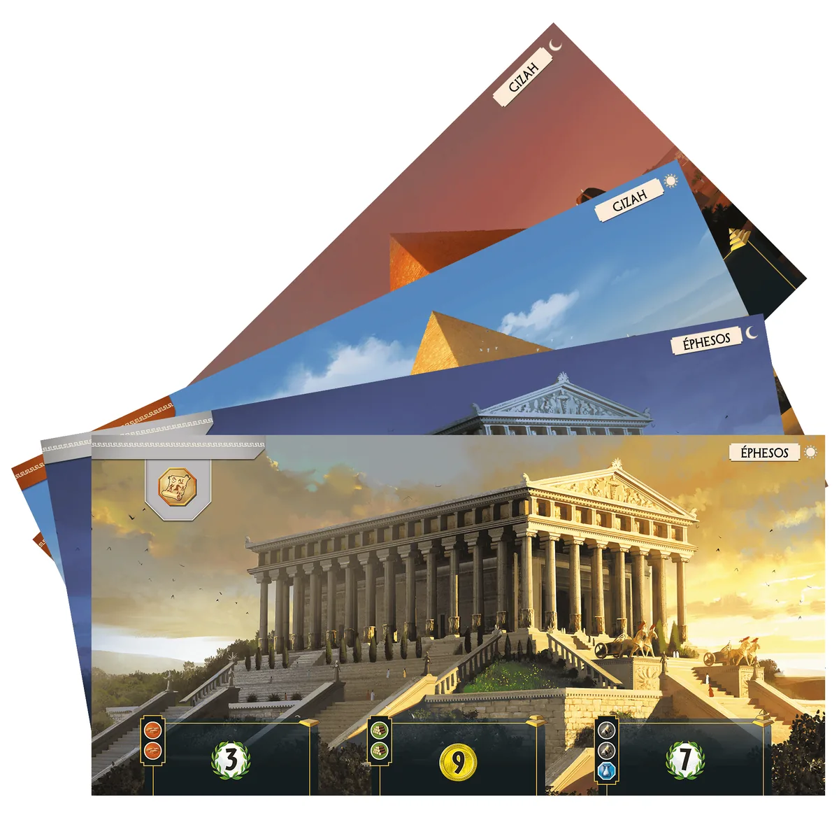 Wonder boards fanned out, the top one showing the Temple of Artemis with three building stages