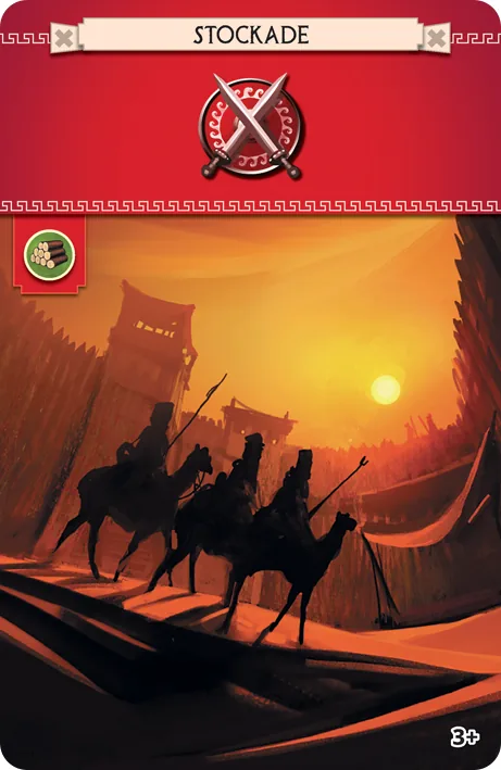 A red Stockade card with riders and a shield symbol