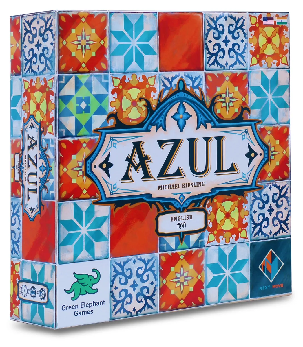 The Azul box sold in India by Green Elephant Games: patterned blue, red and orange tiles framing the title, marked English and Hindi