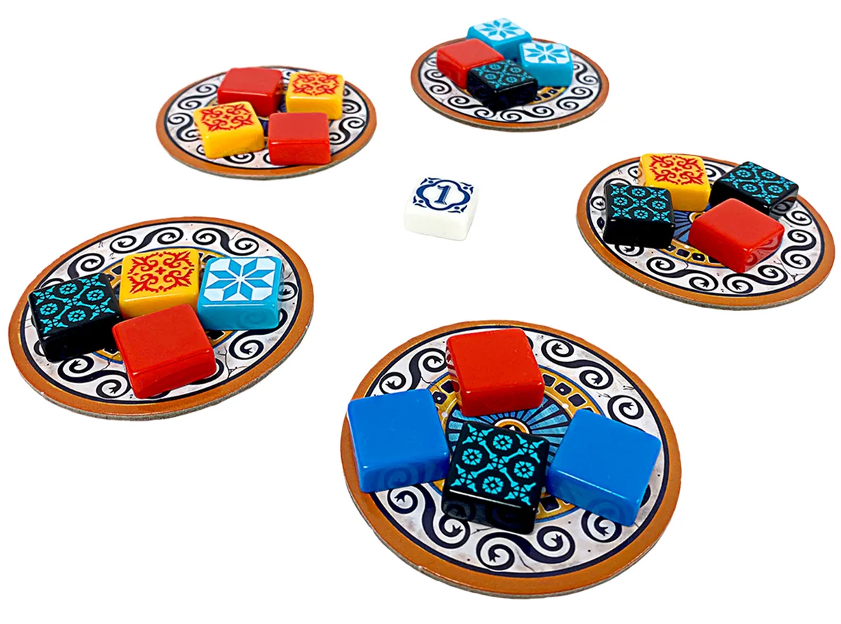 Five round factory displays, each holding four coloured tiles, with the first-player tile in the middle