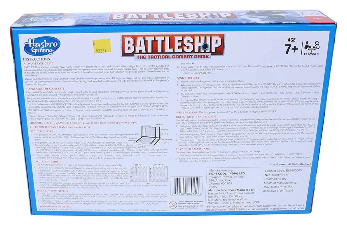 The back of the Battleship box with the rules printed on it