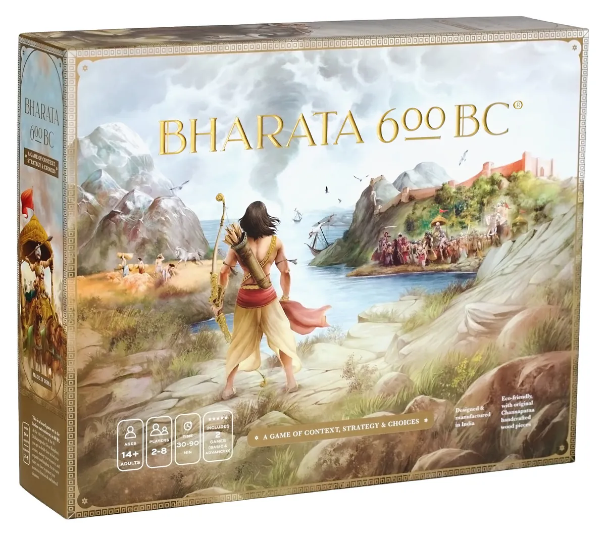 The Bharata 600 BC box seen at an angle: a gold-foil title over a painting of an archer looking across a river at a hilltop fort and an army, with small icons for ages 14+, 2–8 players and 30–90 minutes