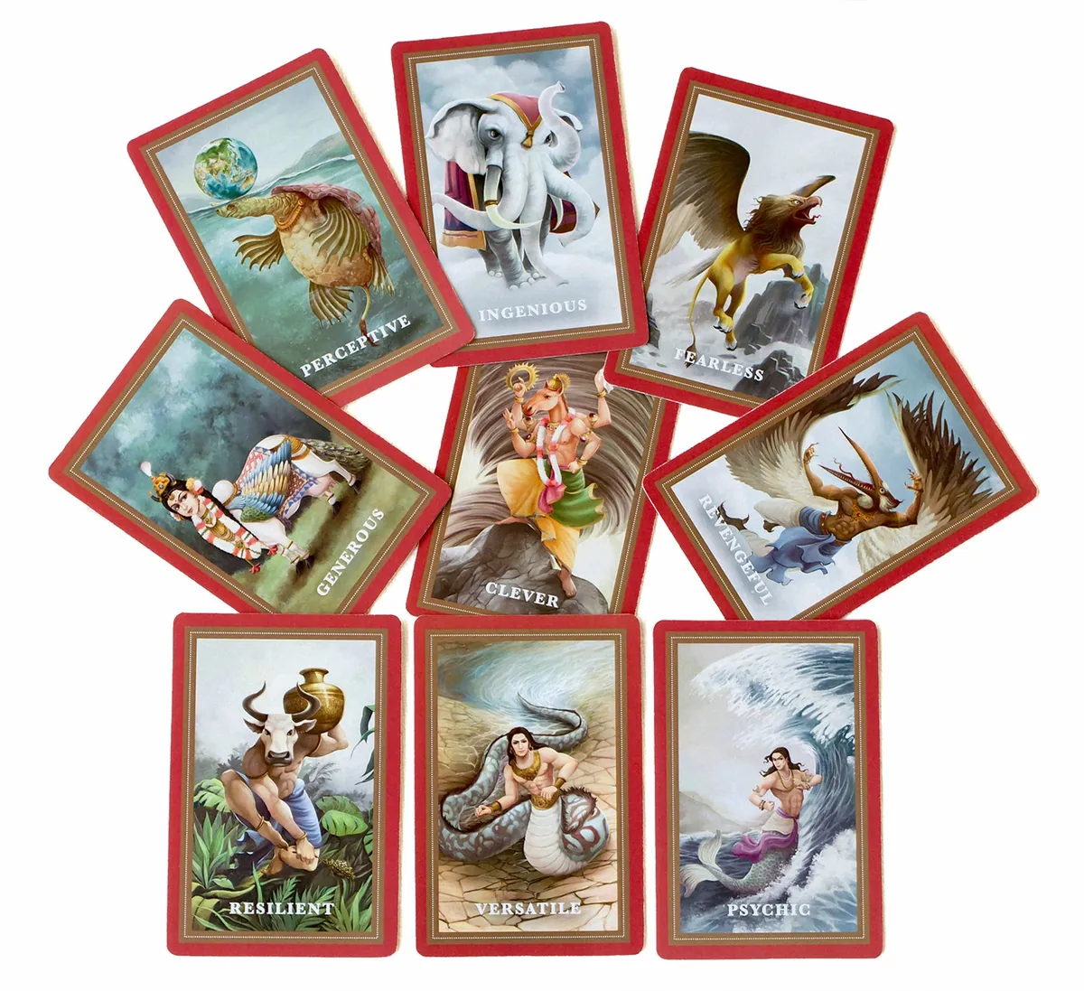 Nine illustrated ability cards with red borders, each named for a trait: Perceptive, Ingenious, Fearless, Generous, Clever, Vengeful, Resilient, Versatile and Psychic