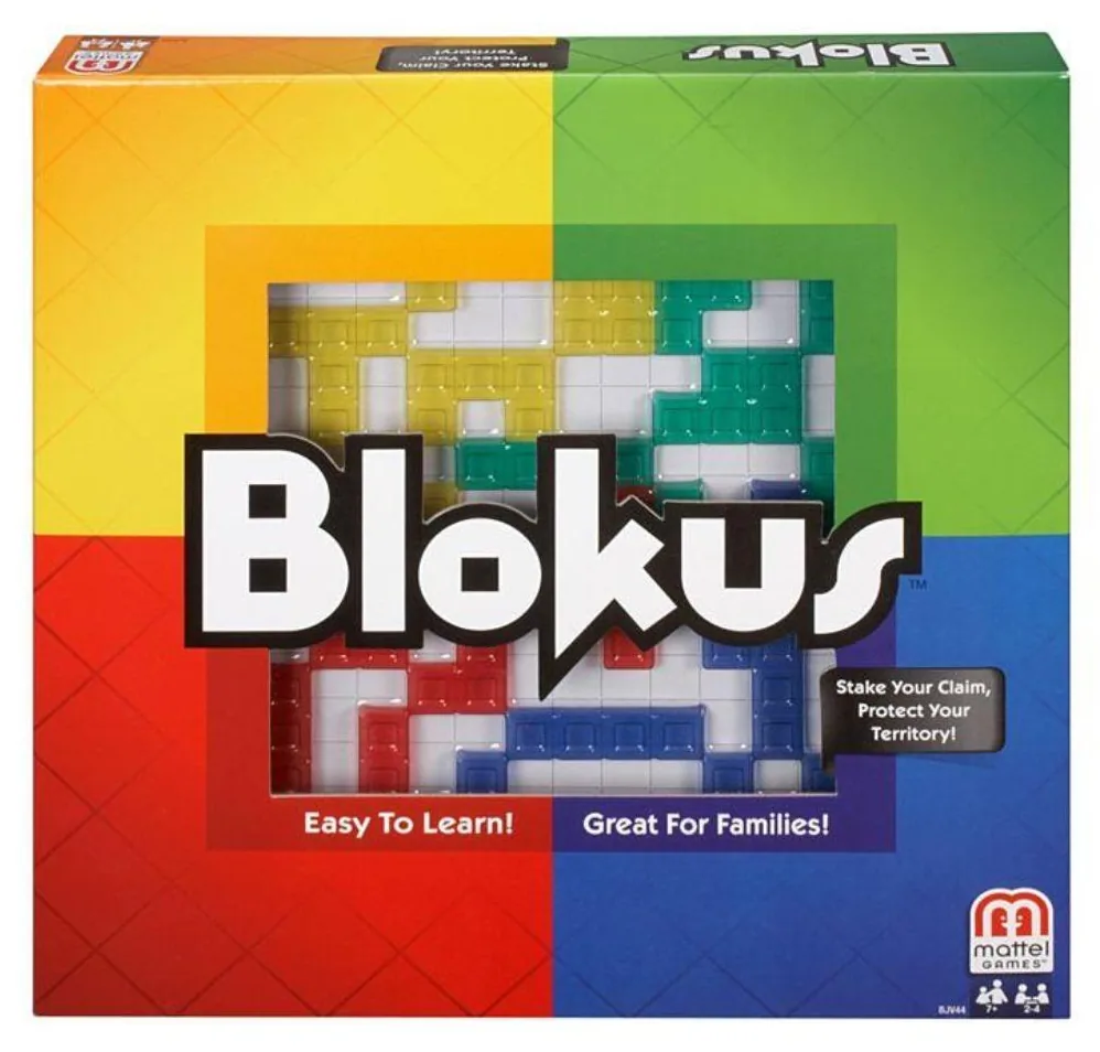 Front of the Blokus box: a four-colour square design with the Blokus logo