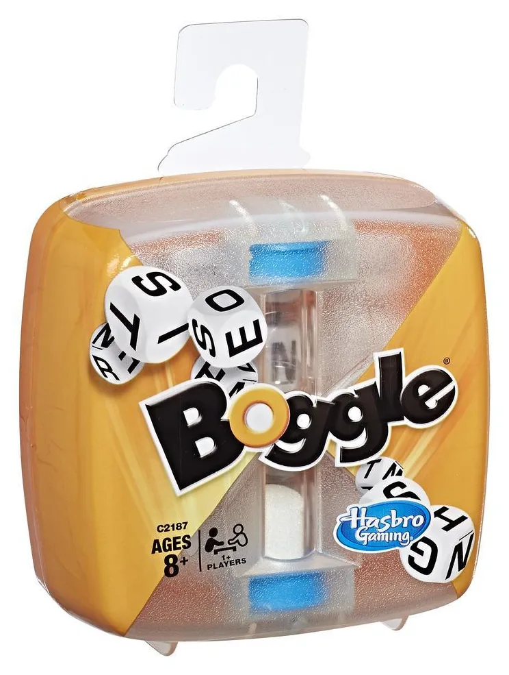 Front of Hasbro's Boggle Classic: a yellow-lidded case with letter cubes and a sand timer inside