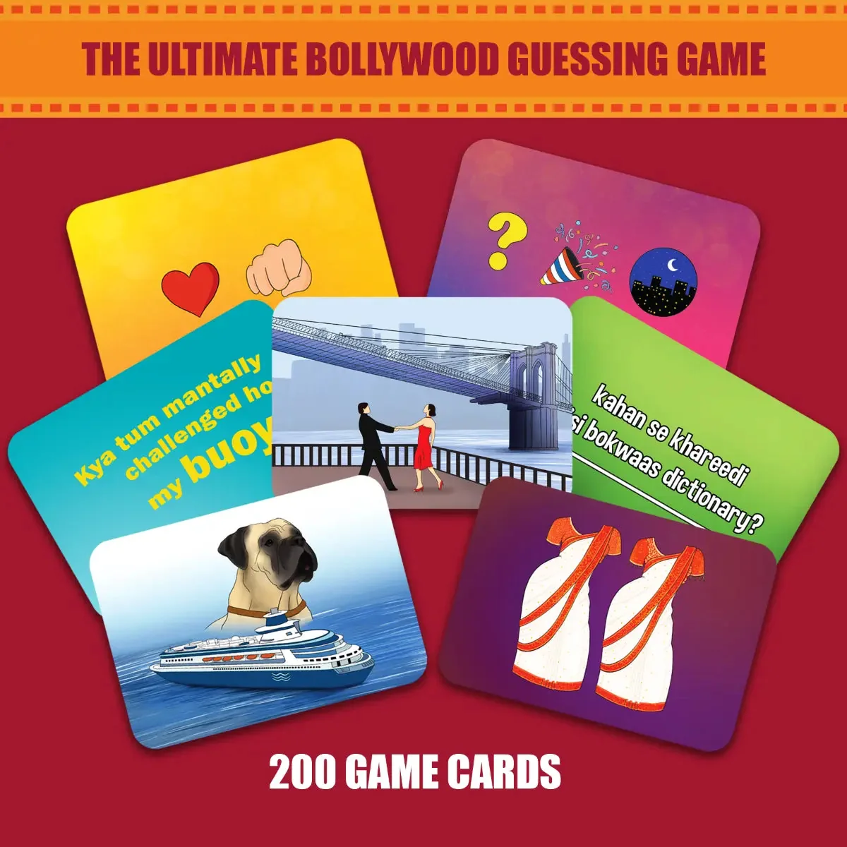Gouda Games graphic of six colourful clue cards over the words '200 game cards'