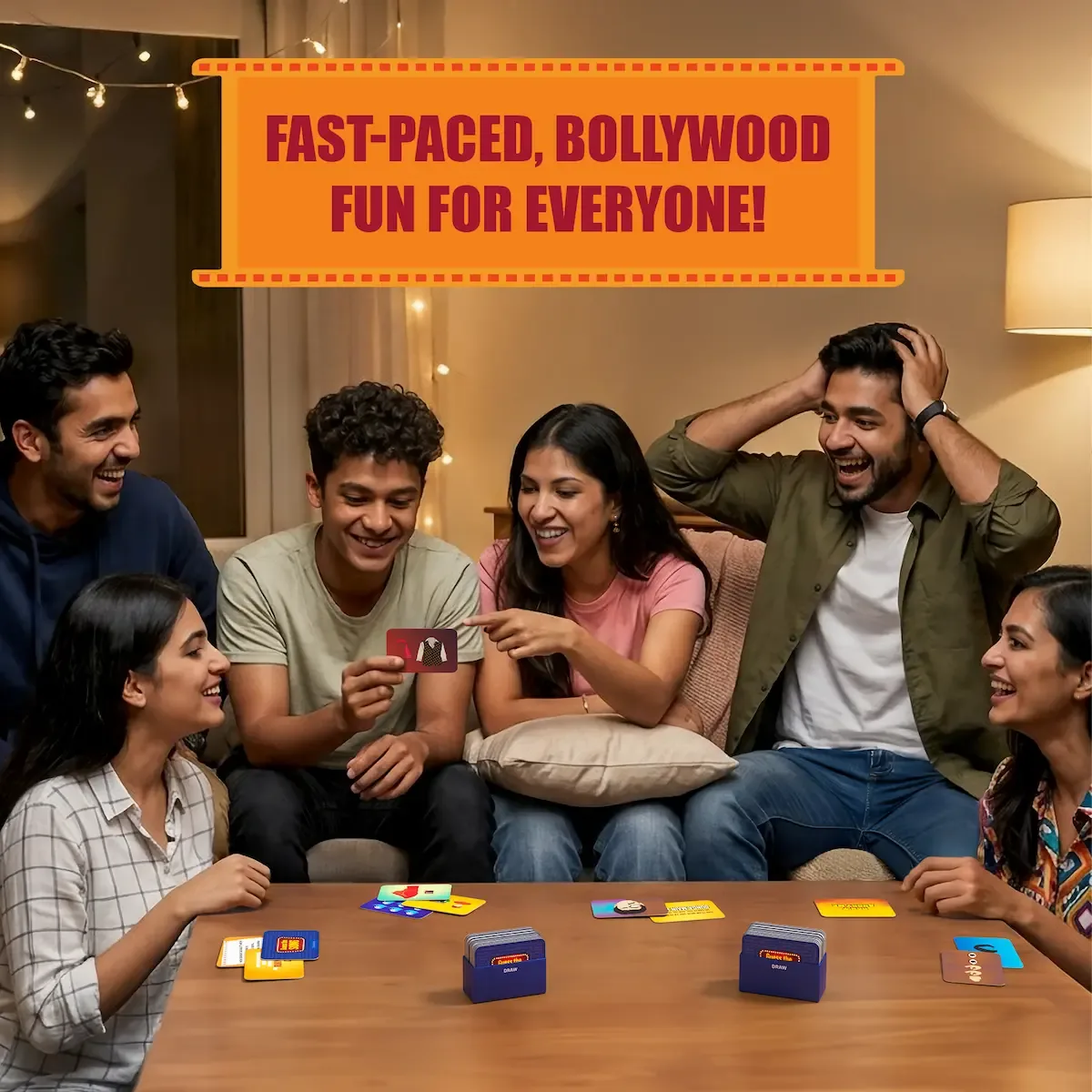 Gouda Games promotional photo of six young adults on a sofa laughing over a card