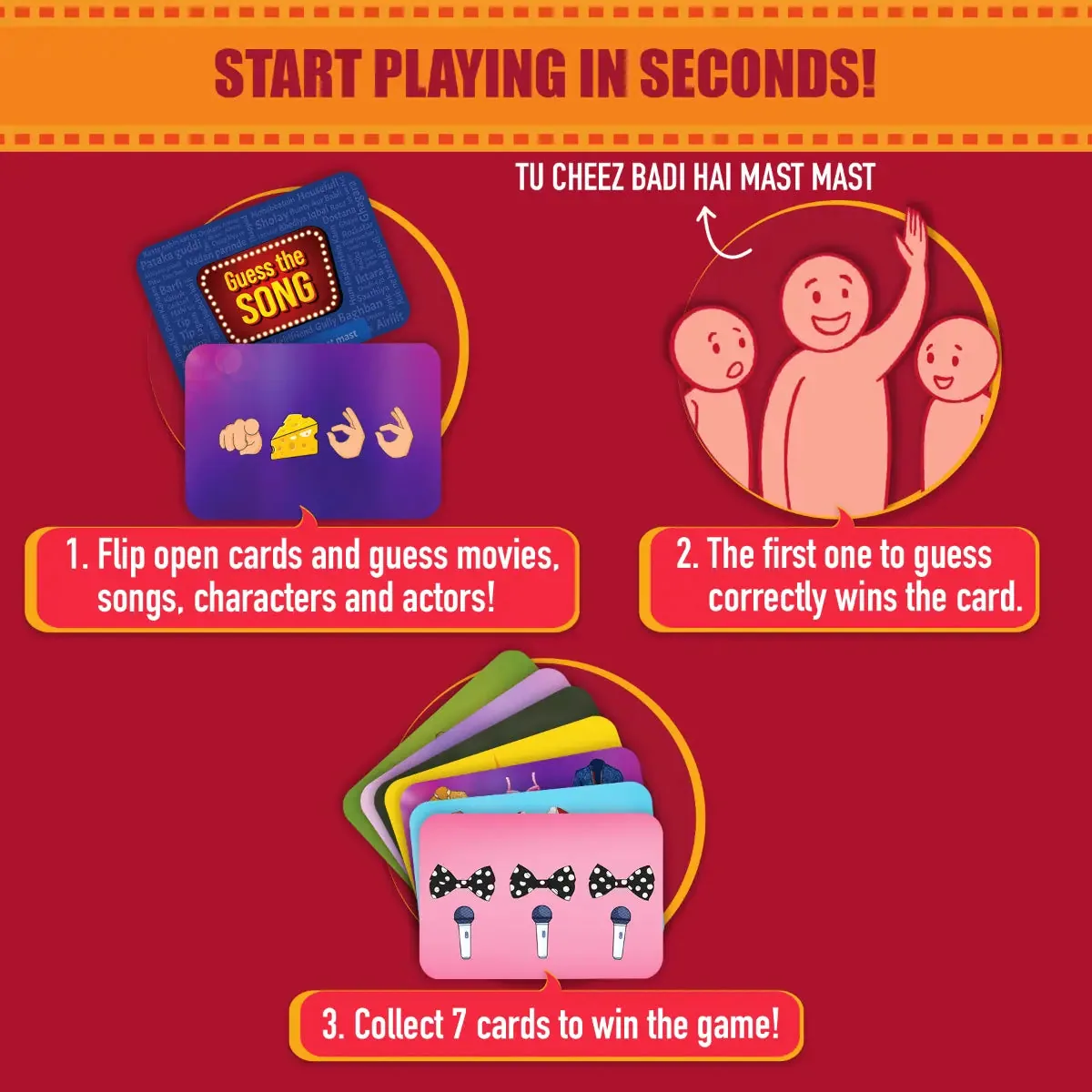 Gouda Games how-to-play graphic: flip a card, the first right guess wins it, collect 7 cards to win
