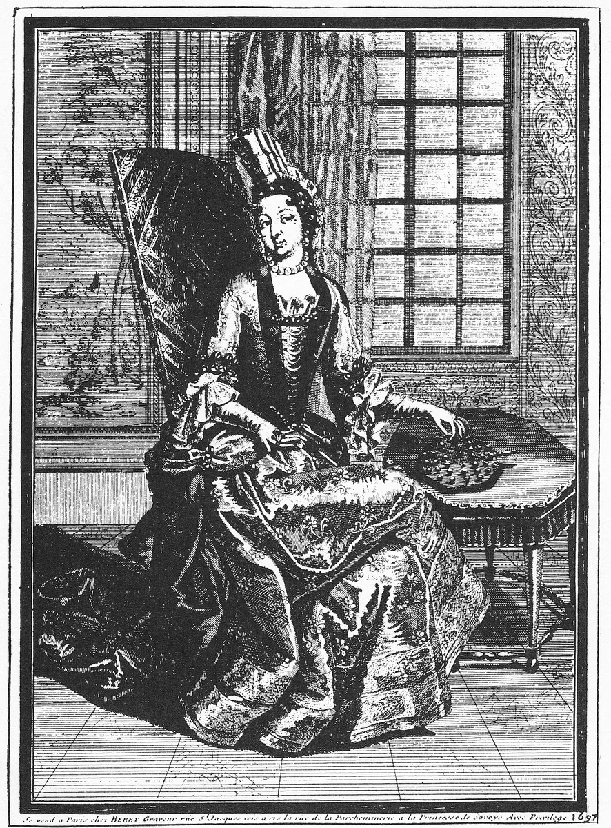 A 1687 French engraving of Princess Soubise seated beside a peg solitaire board