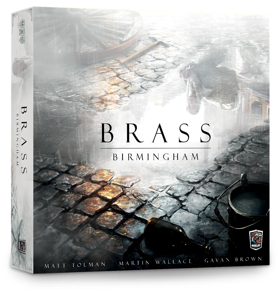 The Brass: Birmingham retail box, with a smoky cobbled-street painting and the designers' names along the bottom