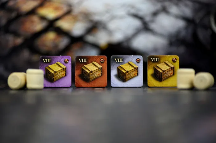 Four level-8 industry tiles, one in each player colour, between two beer barrels