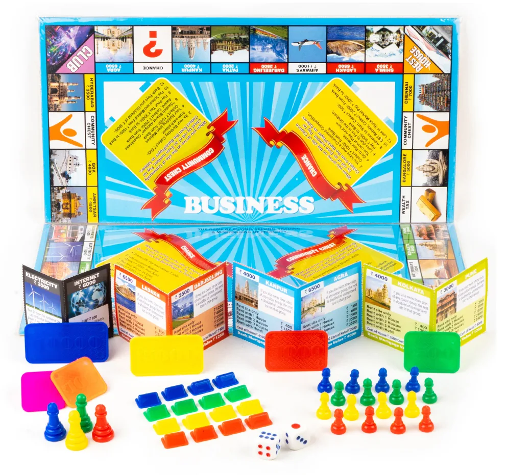 A Ratna's Business board with coloured plastic coins, houses, hotels and cards laid out around it