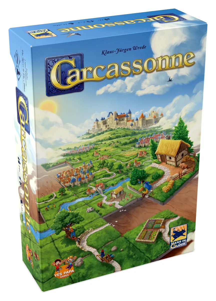 The Carcassonne box: a walled hilltop city above green fields and a winding river, with a cottage in front