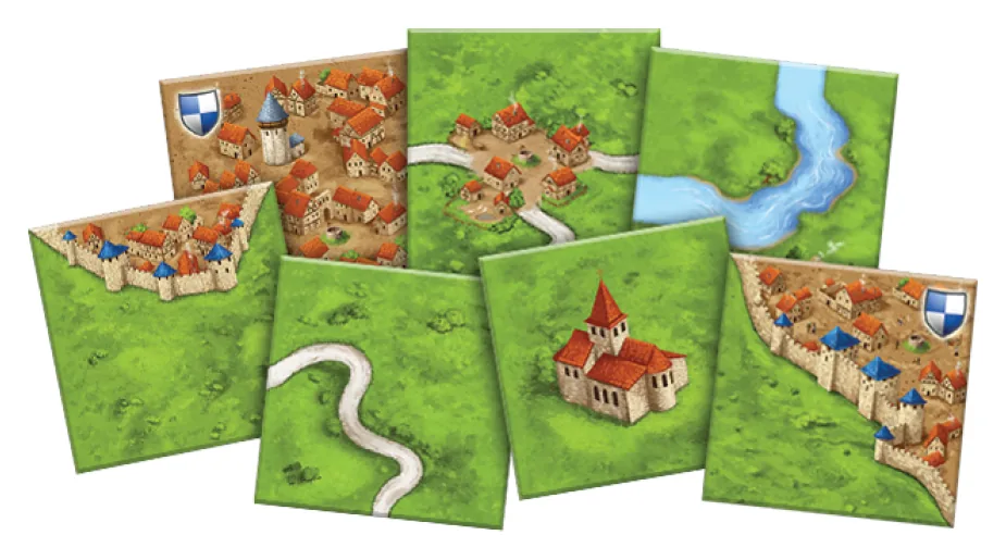 Seven land tiles showing cities, roads, a river and a monastery
