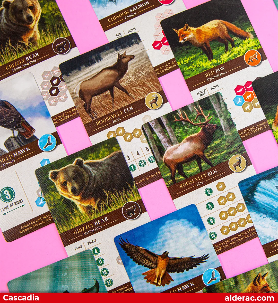 Cascadia wildlife scoring cards for bear, elk, salmon, hawk and fox