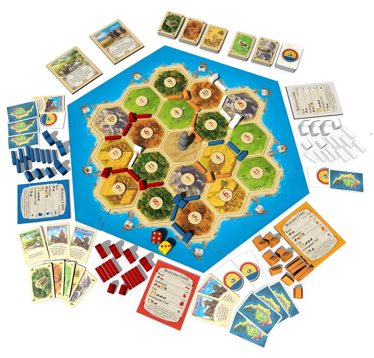 Everything in the box laid out on white: the hexagon island board assembled in the middle, surrounded by resource and development cards, wooden roads, settlements and cities in four colours, two dice and the cost cards