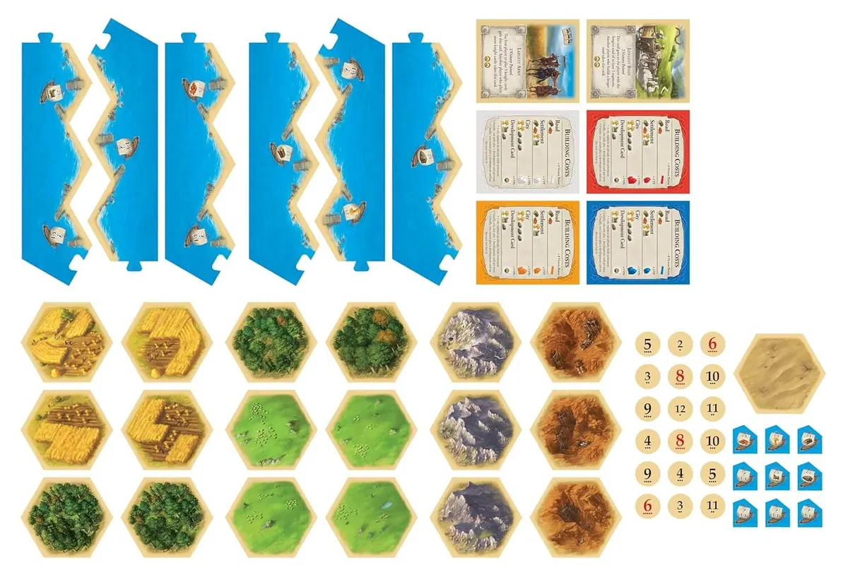 The cardboard parts before setup: six blue sea frame pieces, nineteen terrain hexes, eighteen round number tokens, nine small harbour pieces and the building-cost and bonus cards