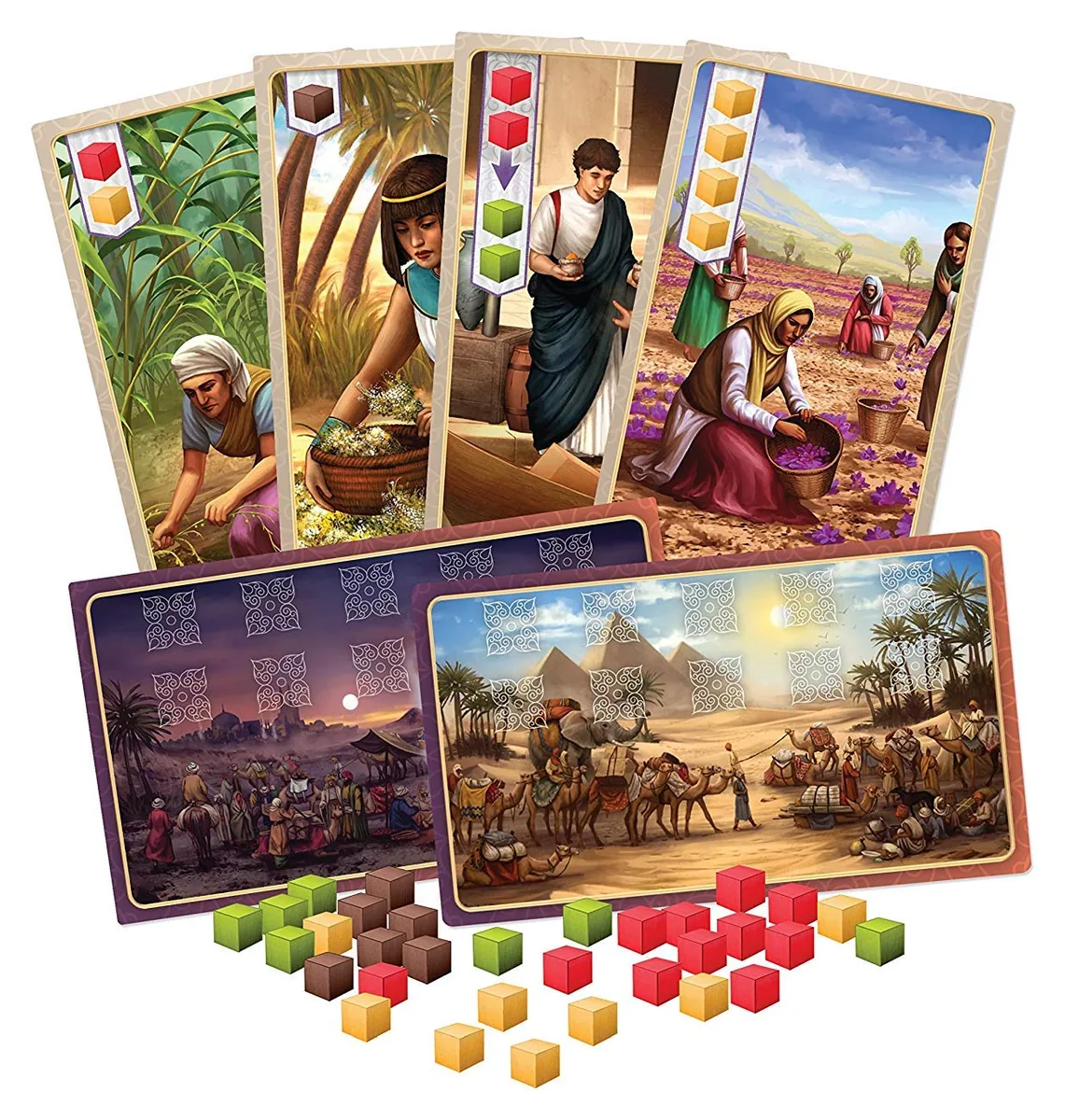 Merchant and point cards with a pile of spice cubes in four colours