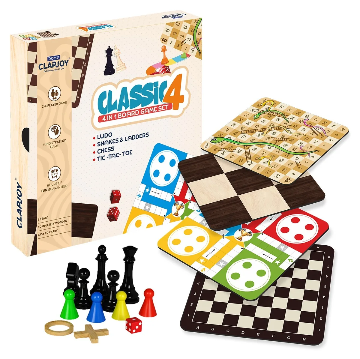 The Clapjoy Classic 4 box, with its wooden chess, Ludo and Snakes and Ladders boards and pieces in front