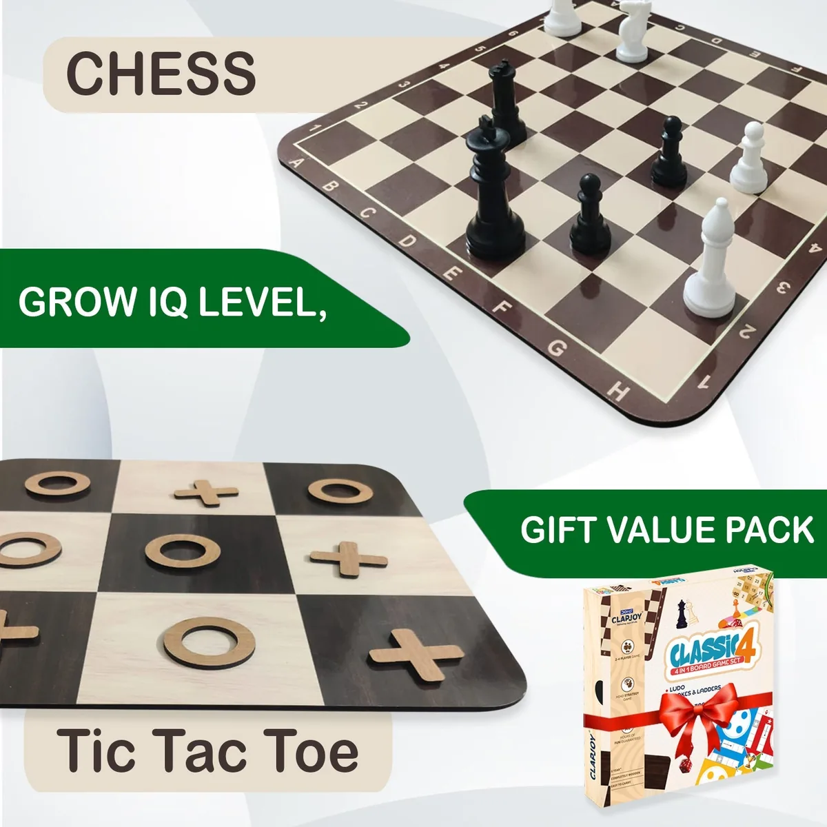 Wooden chess pieces on the Clapjoy chess board, with the Tic Tac Toe board below