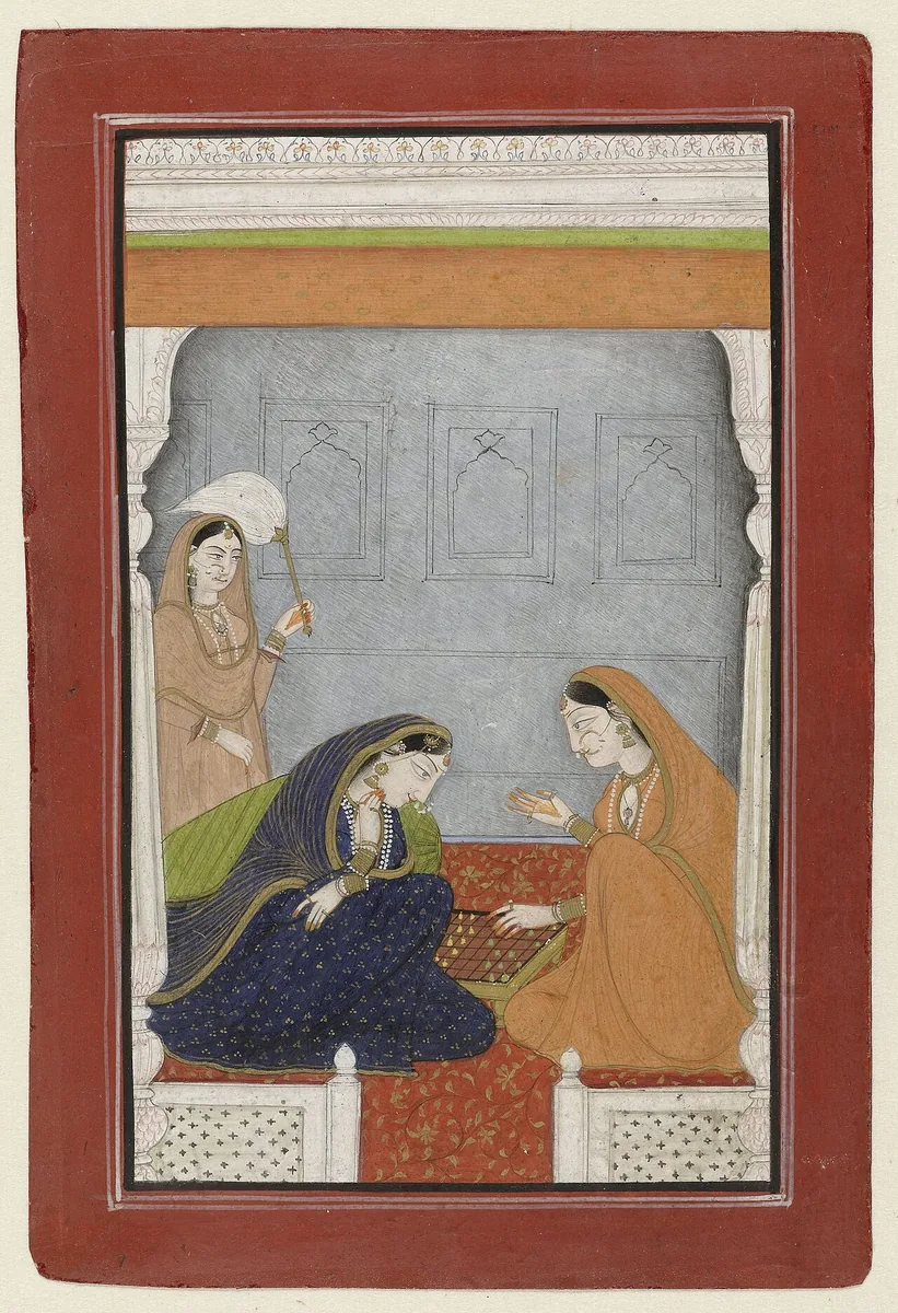 An Indian miniature painting of two women playing chaturanga while a third watches