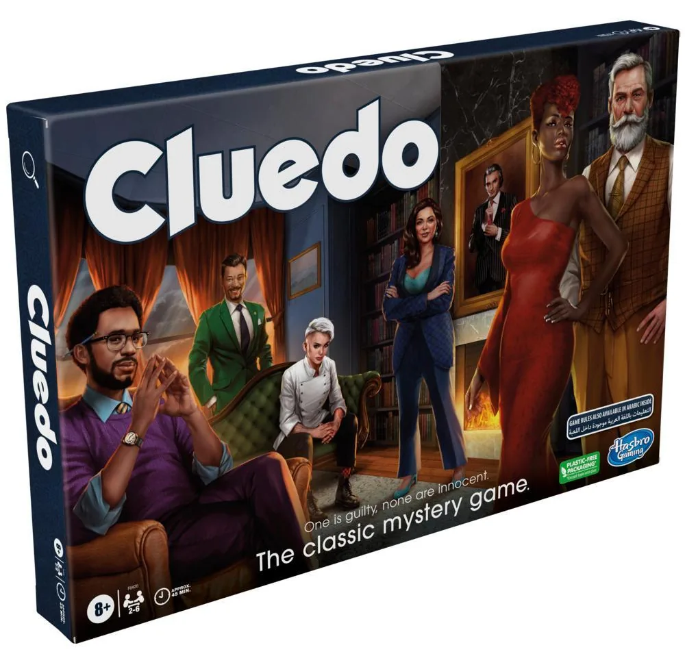 The Cluedo box with six suspects posed in a dark mansion room