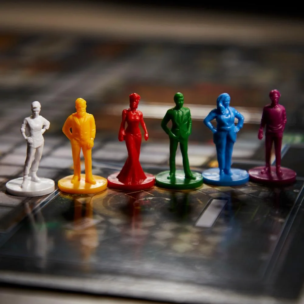 Six coloured suspect pawns standing on the board
