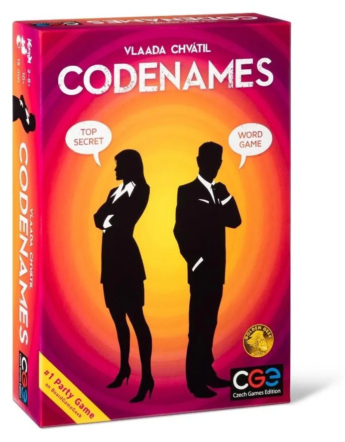 The Codenames box sold in India: two spy silhouettes, a woman and a man, against an orange and pink starburst