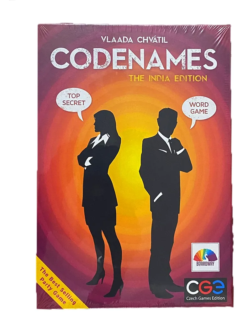 A Codenames box with 'The India Edition' printed under the title and the same two spy silhouettes