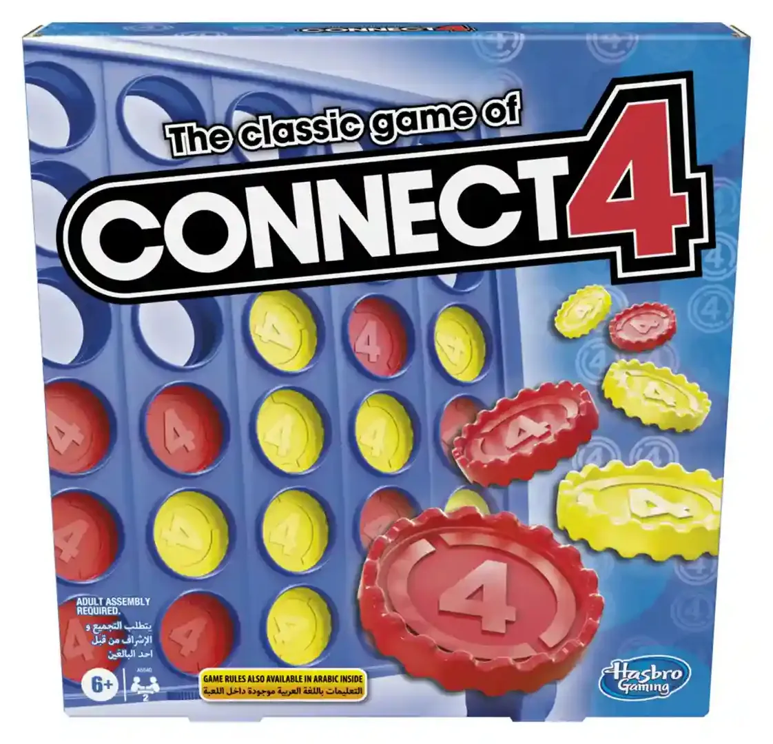 Front of the square Connect 4 box: 'The classic game of CONNECT 4' in white and red lettering over a close-up of the blue grid holding red and yellow discs marked with a 4, with the Hasbro Gaming logo at the bottom right and a 6+ age badge