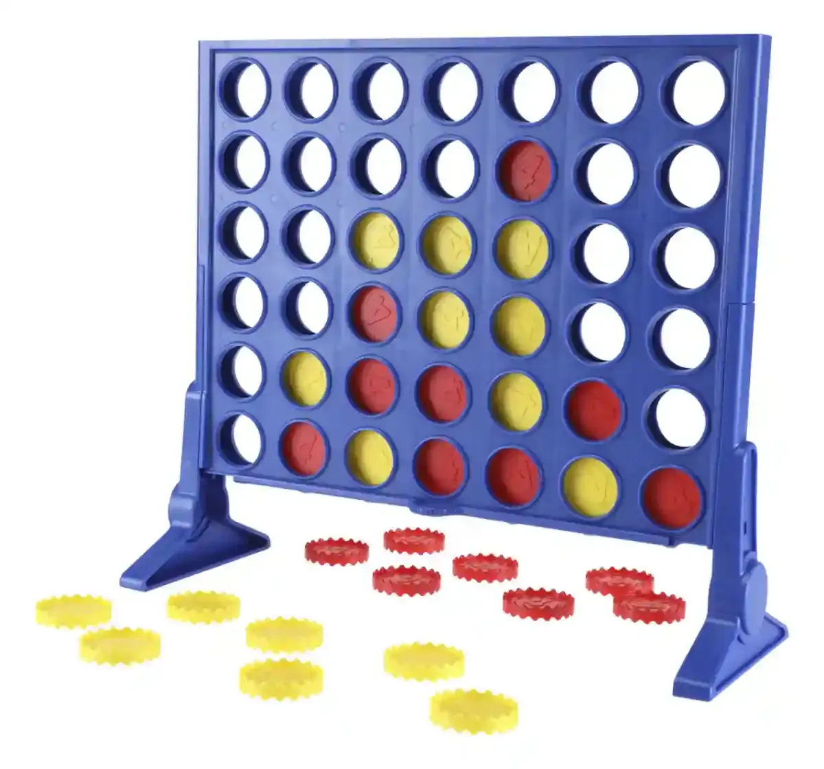 The blue upright grid standing on two legs with red and yellow discs stacked in the lower rows of the middle columns, and spare red and yellow discs lying in front
