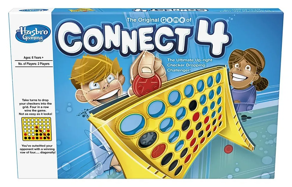 Front of the older, wider Connect 4 box: 'The Original Game of Connect 4' over a cartoon of two children behind a yellow grid with red and black discs, with the Hasbro Gaming logo at the top left