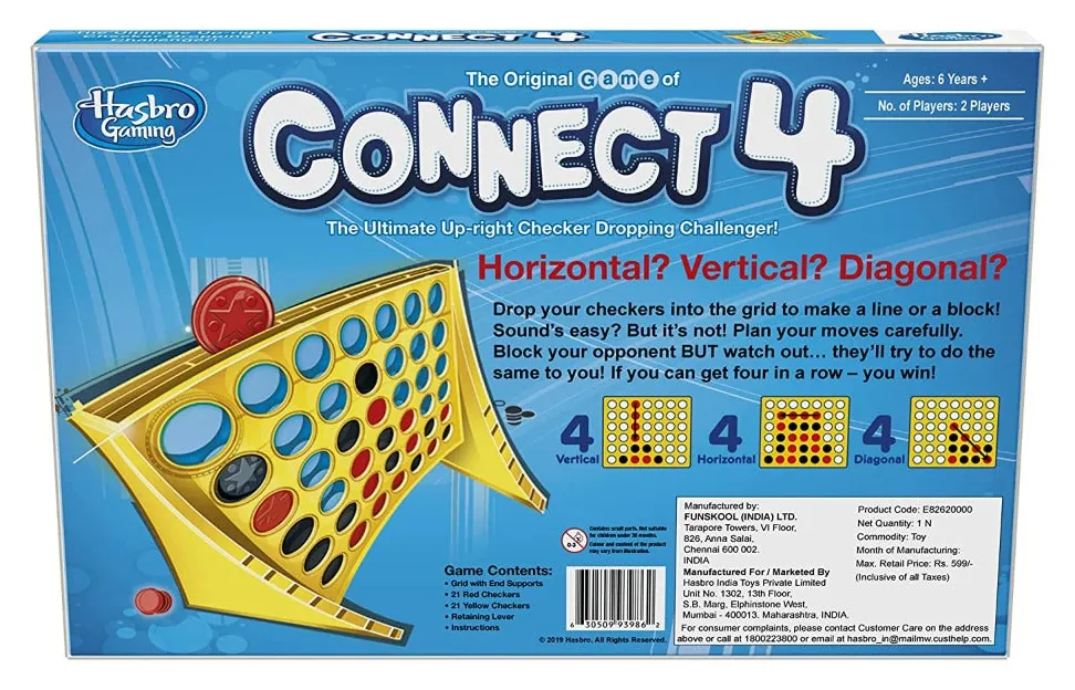 Back of the older Connect 4 box: a picture of the grid, a short rules summary headed 'Horizontal? Vertical? Diagonal?', a contents list, a barcode and a label naming Funskool (India) Ltd, Chennai, as maker and Hasbro India Toys Pvt Ltd, Mumbai, as marketer, with product code E82620000