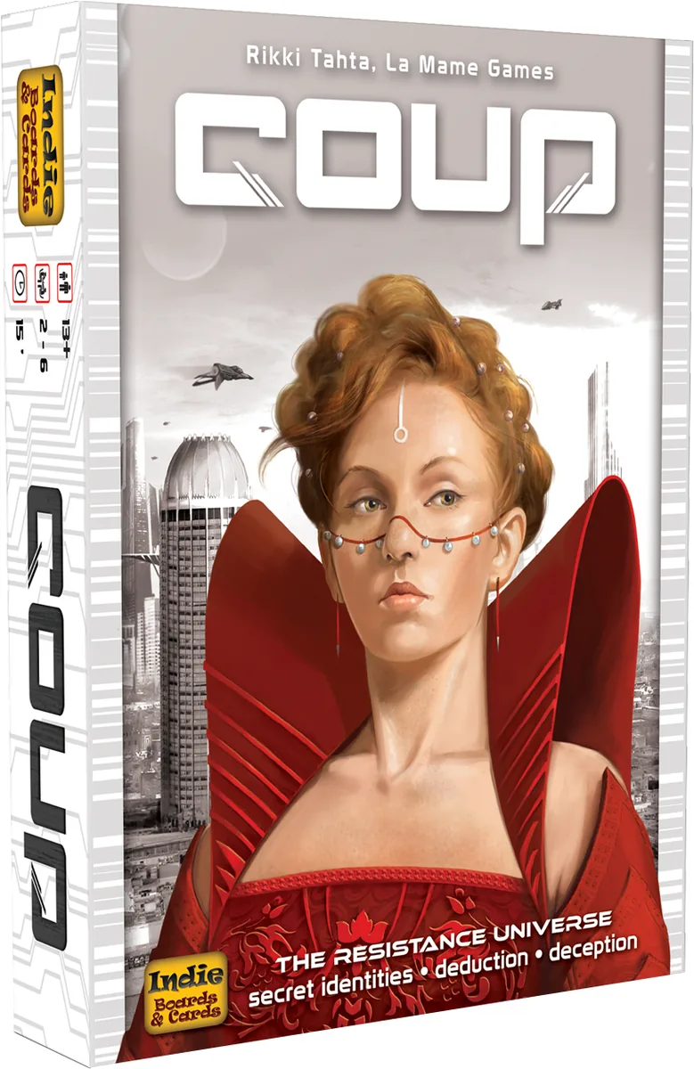 The Coup box with a woman in a red high-collared coat