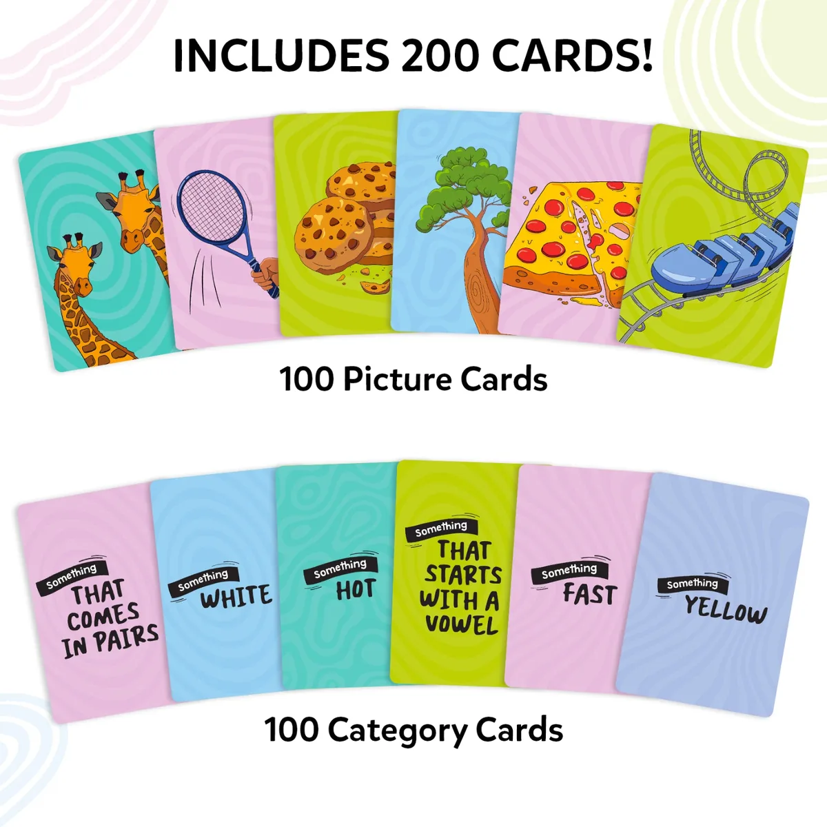 Skillmatics graphic of the cards: a row of picture cards (giraffe, tennis racket, cookies) and a row of category cards ('Something white', 'Something hot')