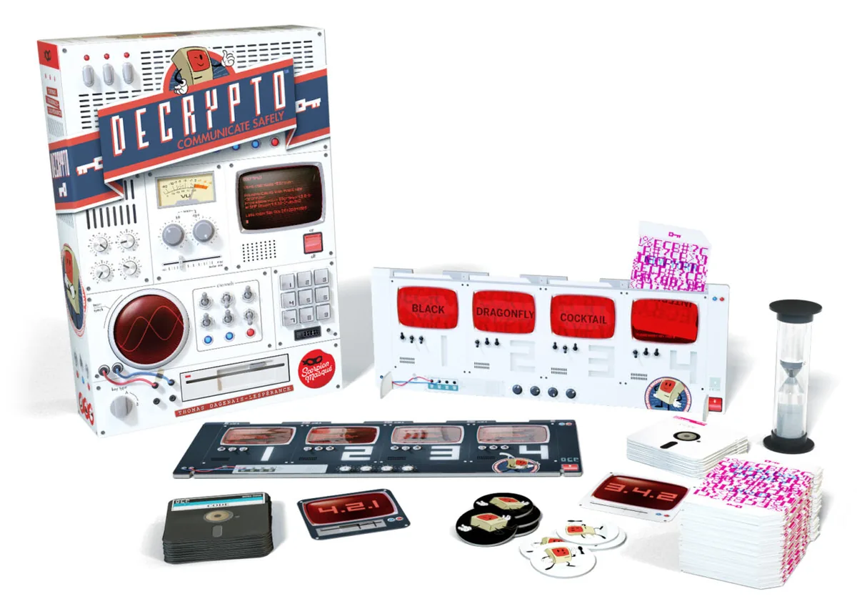 The Decrypto box with two screens, code cards, a sand timer, tokens and keyword cards