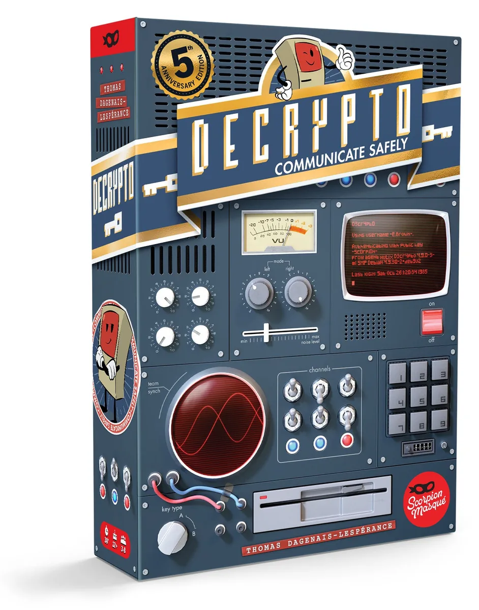 The dark blue 5th Anniversary Edition box of Decrypto