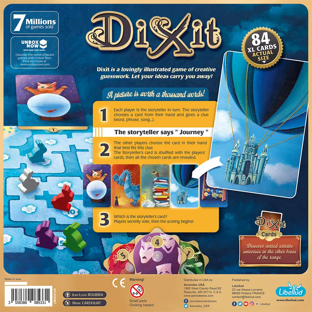 The back of the Dixit box with the three steps of play and sample cards
