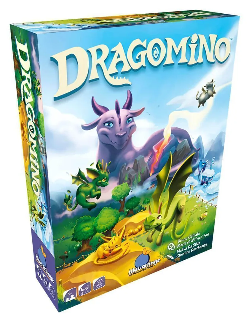 The Dragomino box from Blue Orange, with a cartoon dragon on the front