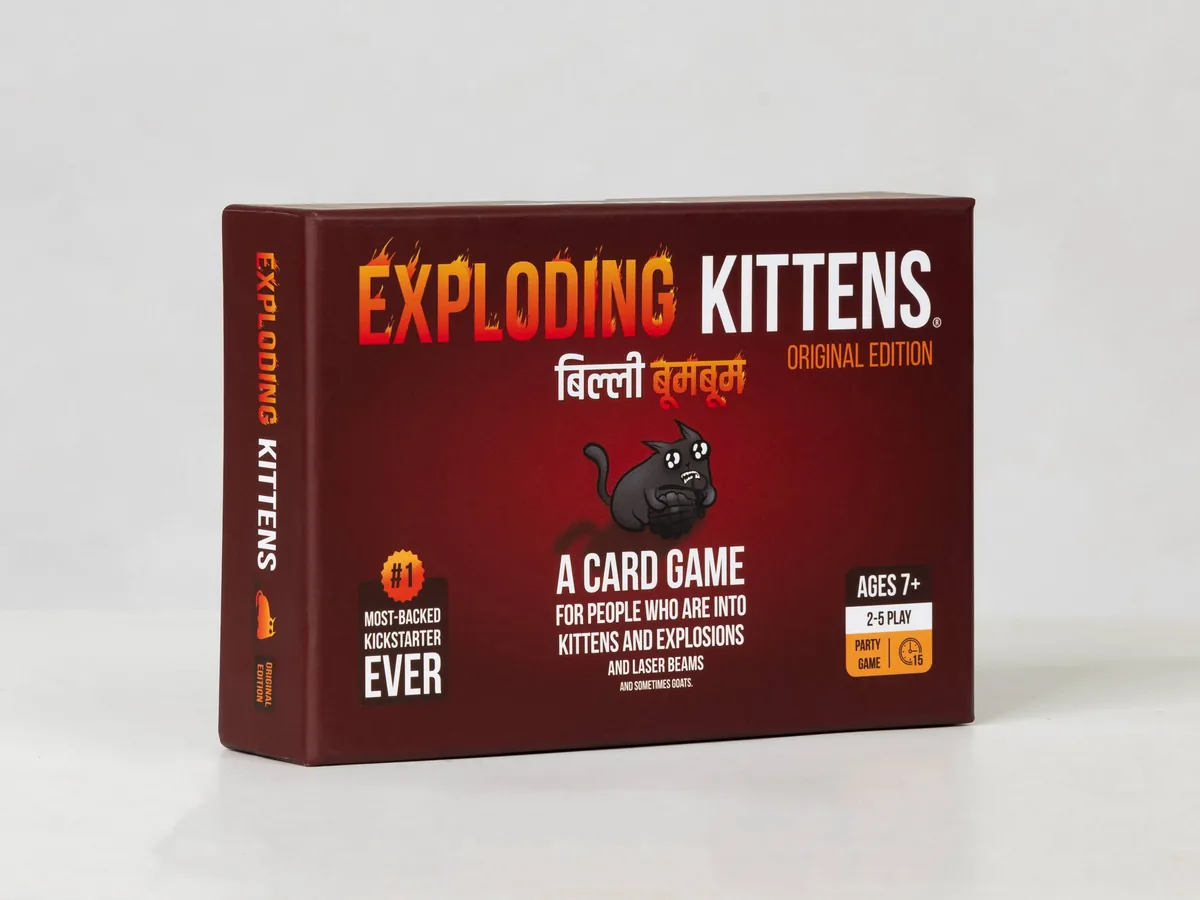 The Indian Exploding Kittens box: a red box with a black cartoon cat and the Hindi title under the English one