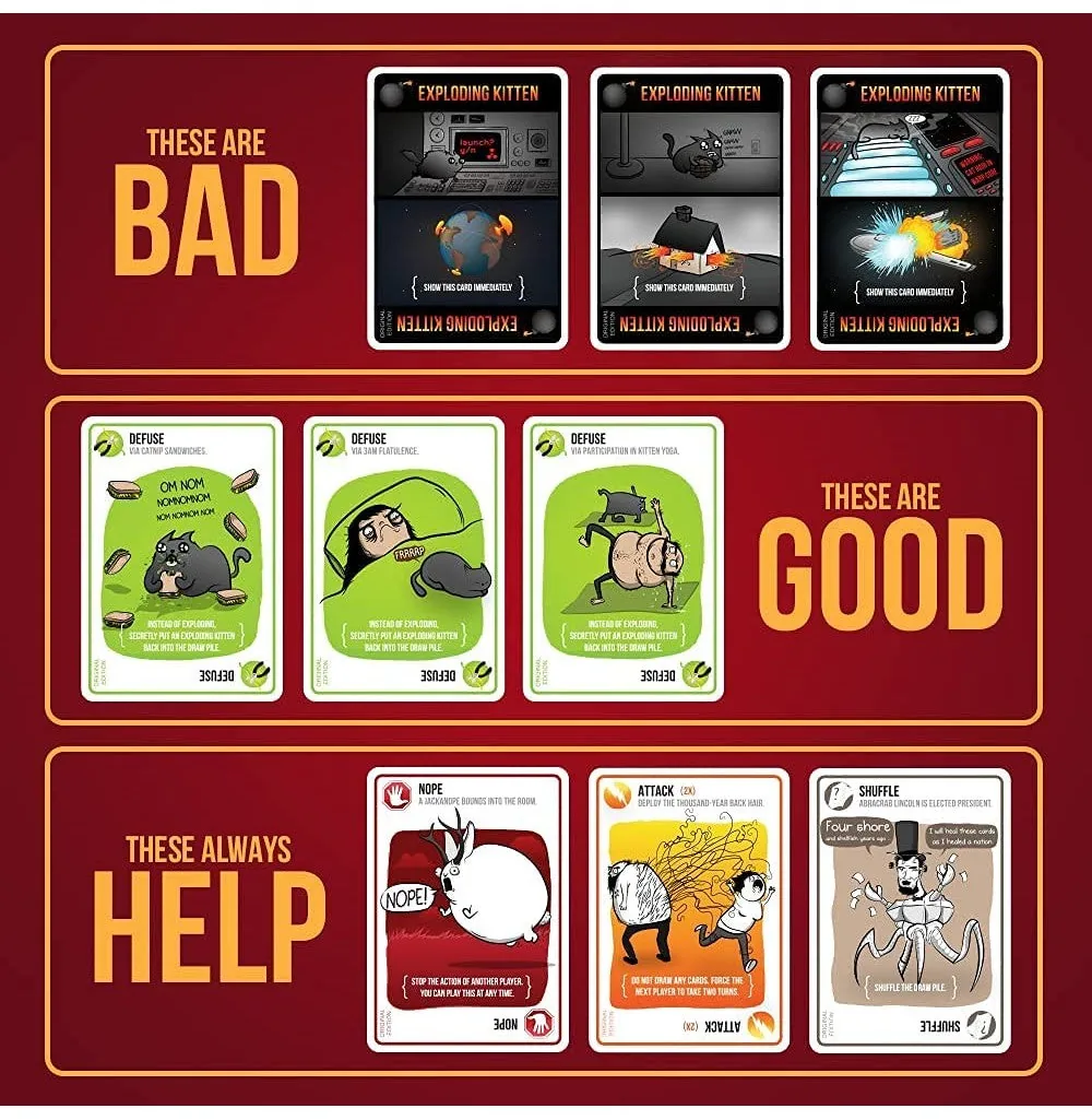 A publisher graphic sorting cards into bad Exploding Kittens, good Defuse cards and helpful action cards