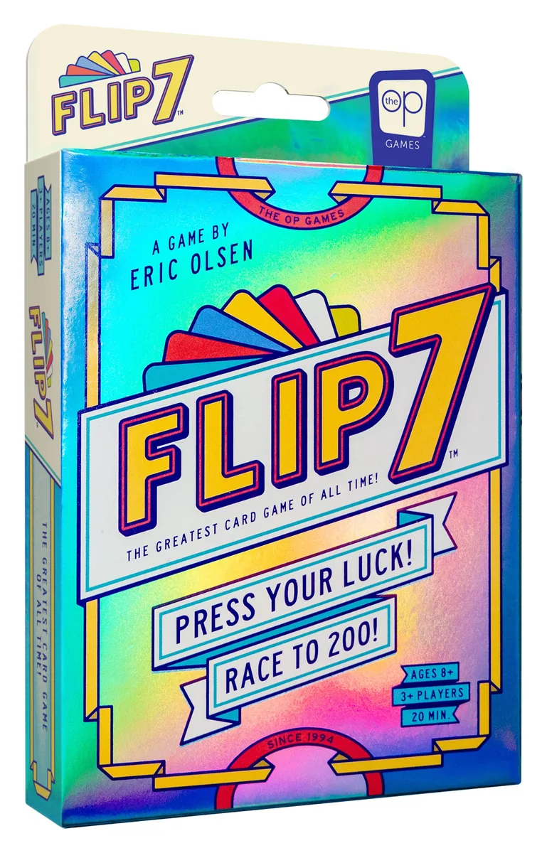 The Op's Flip 7 in its 2nd Edition tuck box, with a shiny foil front reading 'Press your luck! Race to 200!'