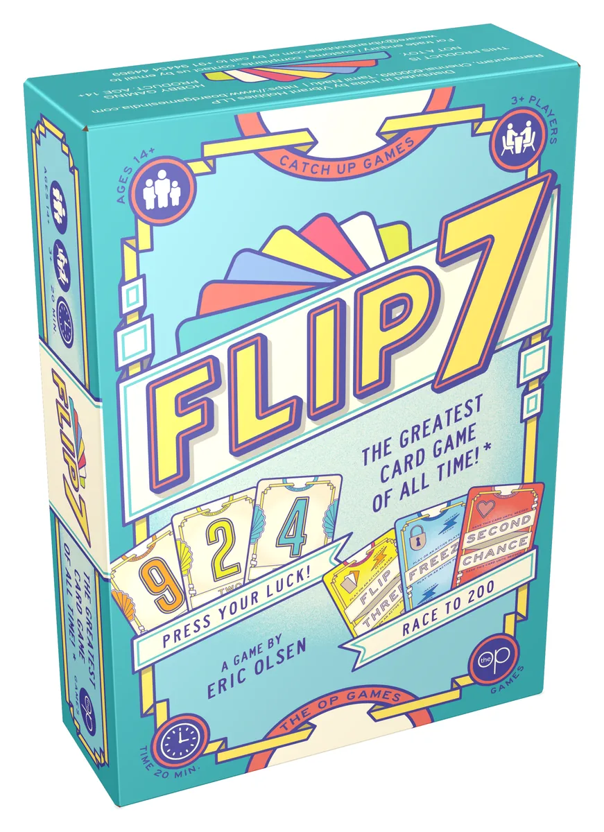 The larger lidded Flip 7 box of the first printing, with the Flip 7 logo and a fan of number cards on the front