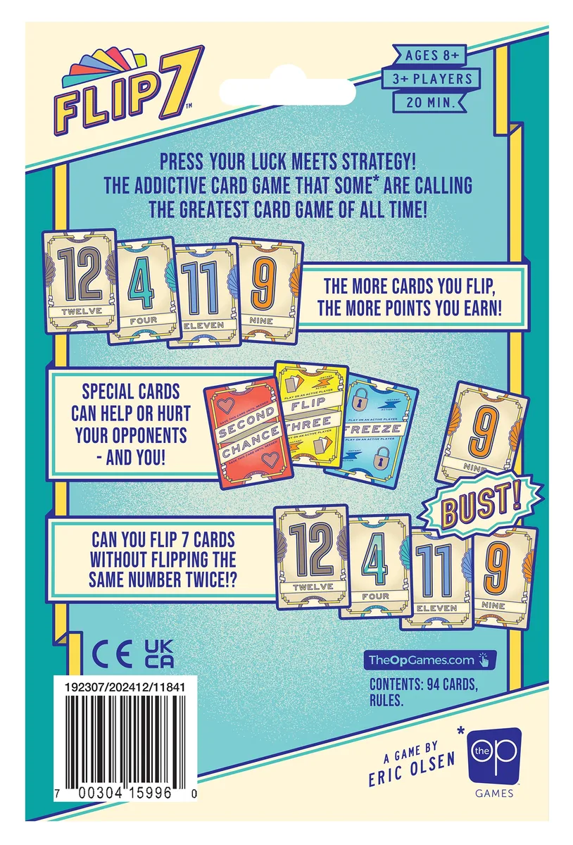 The back of the Flip 7 2nd Edition box, with a short rules summary and example cards